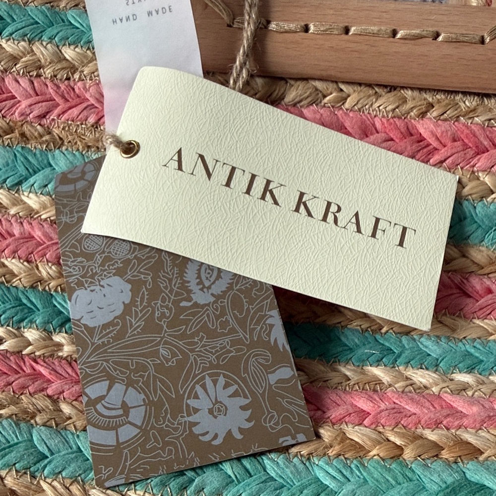 Antik Kraft hand made square wood handle striped pink green jute Bag - Picture 2 of 10